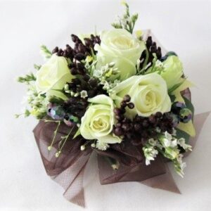 White Rose with black berries and brown ribbon and Jet accents