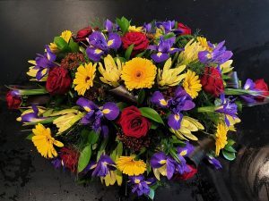 Blue Iris and Yellow Gerbera Spray